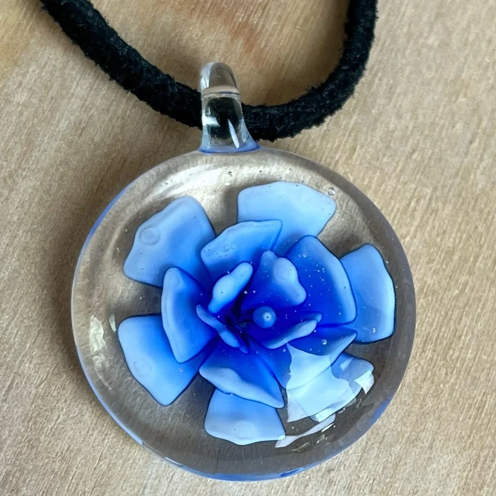 Blue Flower Glass Pendant Necklace